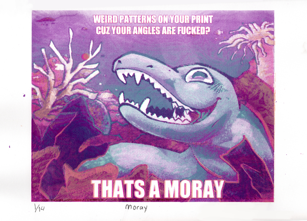 CMYK styled print of a moray eel hiding amongst the coral, in meme format
